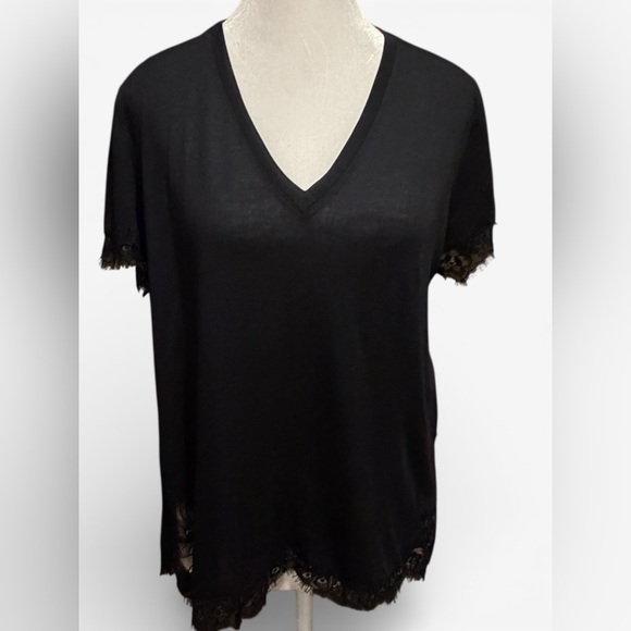 Helmut Lang Black Lace V-Neck T-Shirt Women's Size M - Picture 2 of 6